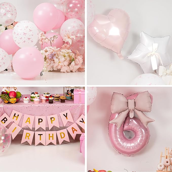 6th Pink Bow Birthday Decorations, 6th Birthday Balloon | Pink White Pastel Bow - Image 8