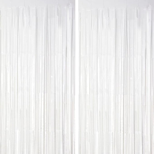 Voircoloria Pastel White Foil Fringe Backdrop Curtains, 2 Pack | Tinsel by Voircoloria
