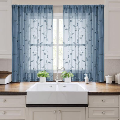 HOMEIDEAS Stone Blue Sheer Kitchen Curtains 52 x 54 Inch Length 2 Panels - Image 6