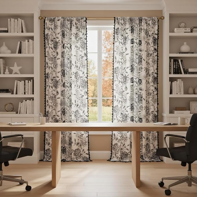 F-CHU Black Floral Farmhouse Curtains Living Room Drapes 84 Inch Length Cotton - Image 2