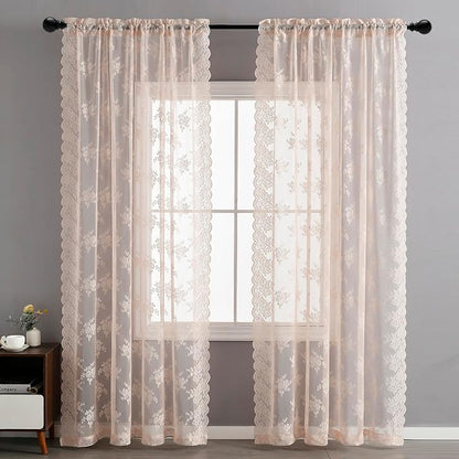 Kotile Blush Pink Floral Lace Curtains - Image 8