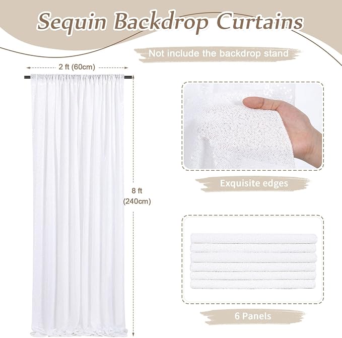 White Sequin Backdrop Curtains-6 Panels 2FTx8FT White Backdrop - Image 2