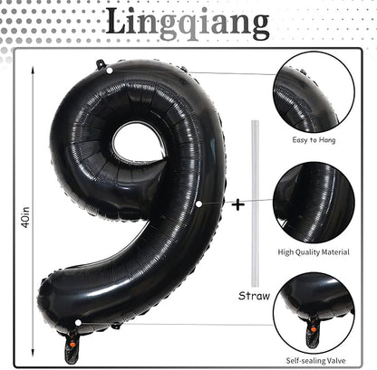 40'' Black Number 9 Balloons, Giant Self Inflating Foil Number Balloons Set 0-9 - Image 2