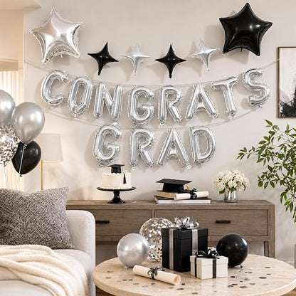 Congrats Grad Balloons, 16 Inch Black Silver Congrats Grad Letters Banner - Image 6