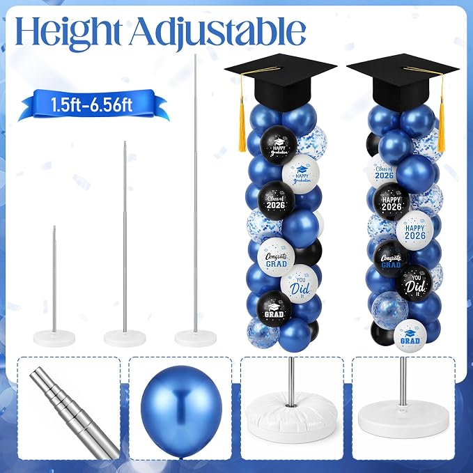 Thenshop 2 Sets Graduation Balloon Column Stand Kit 2026- Black Blue Balloon - Image 3