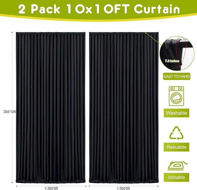 Black Backdrop Curtain for Parties Backdrop Drapes, 4 Panel 5x10FT - Image 2