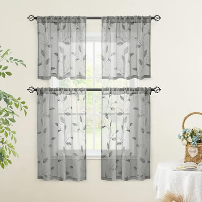 HOMEIDEAS Grey Sheer Kitchen Curtains 30 X 24 Inch Length 2 Panels Embroidered - Image 5