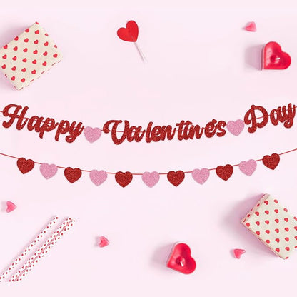 Happy Valentines Day Banner Glitter Valentines Banner Red Pink Heart Garland - Image 4