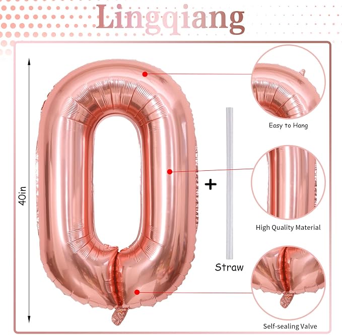 40" Rose Gold Number 0 Balloon for Girls, Large Self Inflating Helium Foil - Image 2