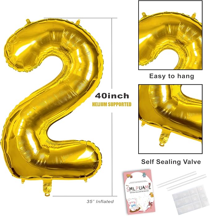 40 Inch Gold Number 2 Balloon, 2nd Birthday Decoration Boys Girls | Large Self - Image 3