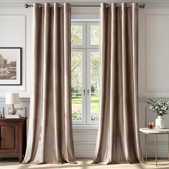 BULBUL Taupe Velvet Blackout Curtains 108 inch Long by ModernShinyVelvetCurtains