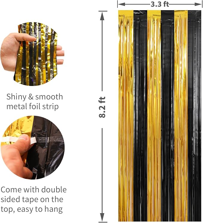 Crosize 2 Pack Gold and Black Party Streamers Backdrop, 3.3 x 9.9 ft | Tinsel - Image 2