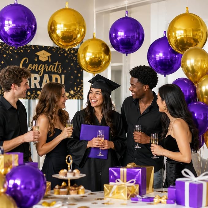 9 Pcs Purple Gold Round Foil Balloons Dark Purple Metallic Gold Chrome 4D Ball - Image 5