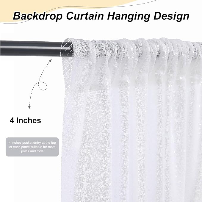 White Sequin Backdrop Curtains 2 Pcs 5FTx10FT Glitter Background Sparkly Party - Image 3
