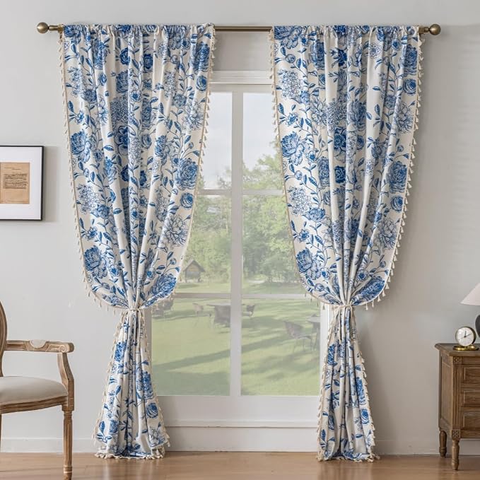 F-CHU Blue Floral Farmhouse Curtains Living Room Drapes 84 Inch Length Cotton - Image 5