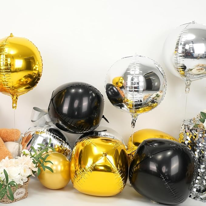 Black Gold Silver Round Foil Balloons 9 pcs, Metallic Giant 4D Round Balloons - Image 3