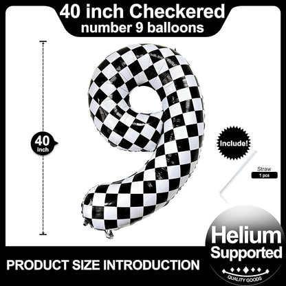 Checkered Number 9 Balloons 40 Inch Giant Race Car Checkered 9 Balloons - Image 2