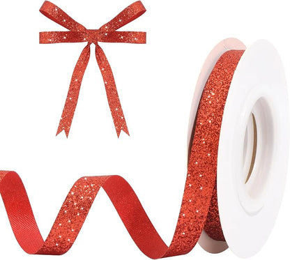 Red Metallic Glitter Ribbon for Gift Wrapping 3/8in x 10Yds | Cheer Sparkle by HISWAN