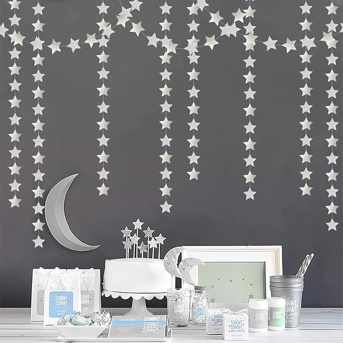 Glitter-Silver Party-Decorations Star Christmas Garland - 62ft Birthday Twinkle - Image 4