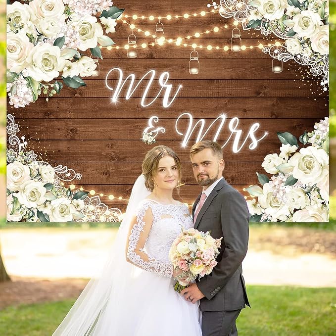MEHOFOND 8x6ft Mr and Mrs Bridal Shower Backdrop Wedding Decorations Rustic - Image 2