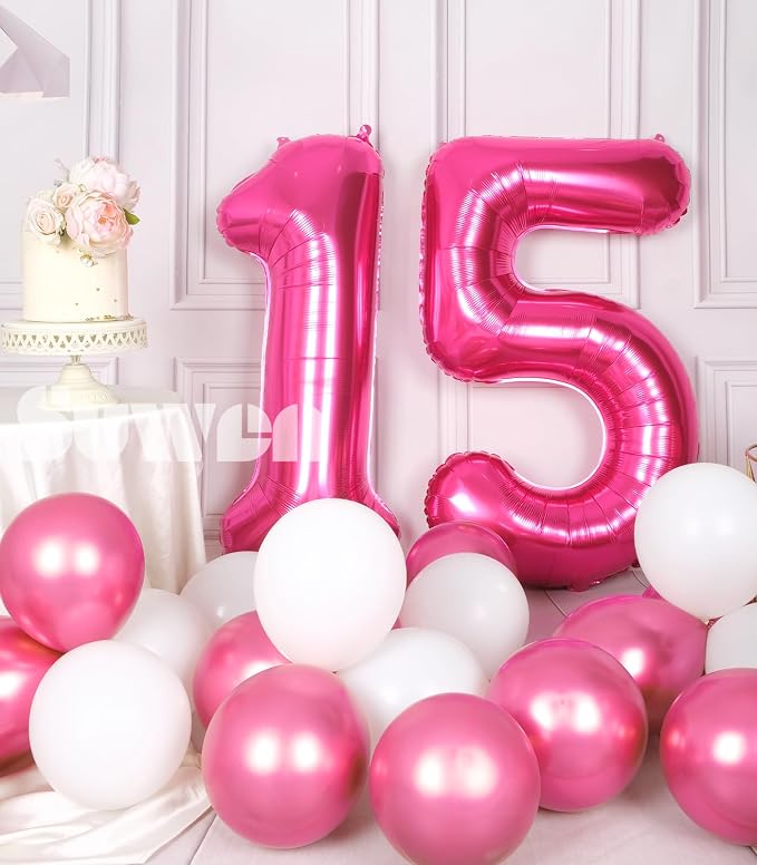 SUWEN 40 Inch Hot Pink Large 15 Number Balloons Big Foil Helium Number Balloons - Image 2