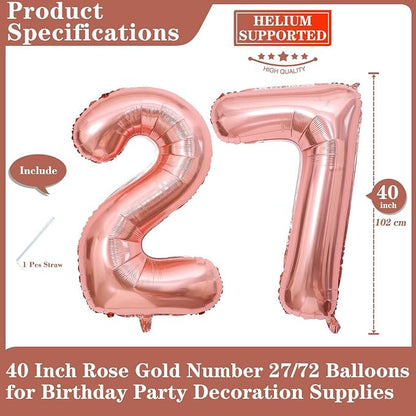 Rose Gold 27 Number Balloons, 40 Inch Giant Number 27 Balloons Foil Mylar - Image 2