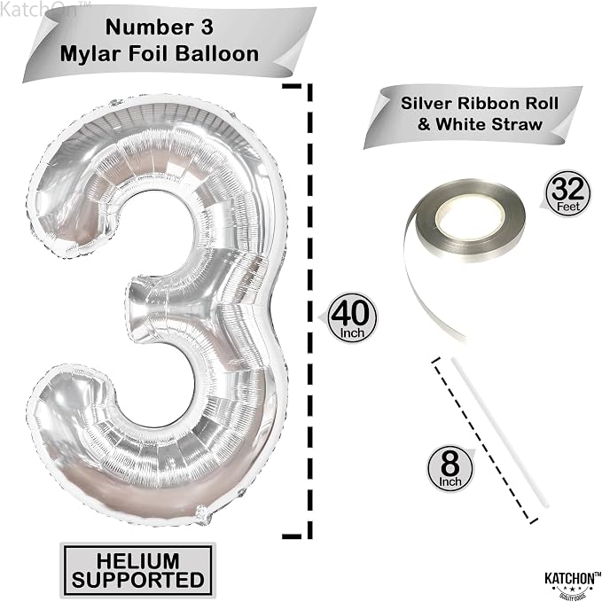 KatchOn Silver Number 3 Balloon 40 Inch, Birthday Decorations - Image 4