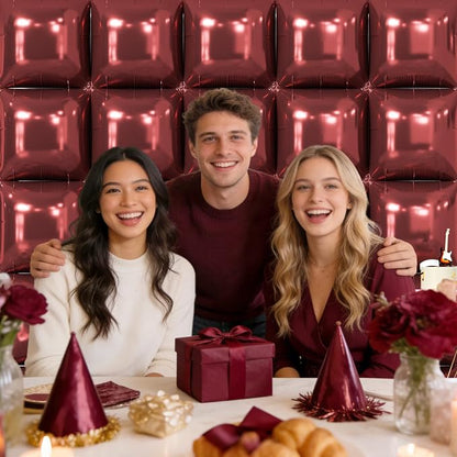 NISOCY 25PCS Maroon Square Foil Balloons Wall Backdrop | Double Sided Brown Red - Image 6