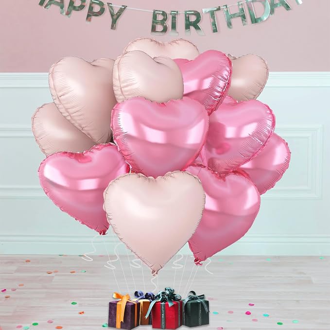 Pink Heart Balloons, 18inch Bright Pink Heart Shaped Foil Balloons & Baby Pink - Image 2