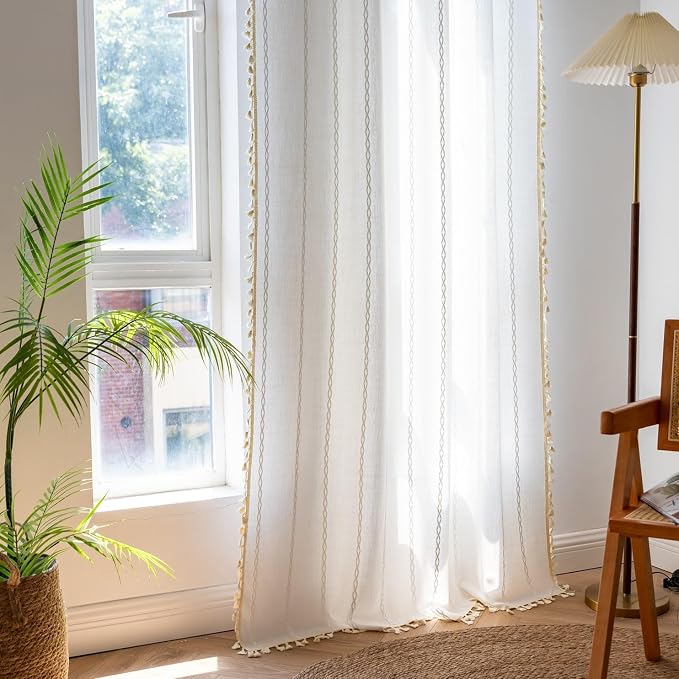 Sutuo Home White Boho Curtains, Bohemian 1 Panel 102 inches Long - Image 2