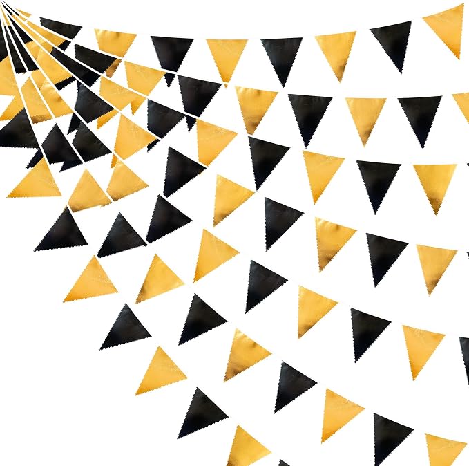 Black and Gold Party Decorations Triangle Pennant Banner Flag Metallic Fabric by pinkblume