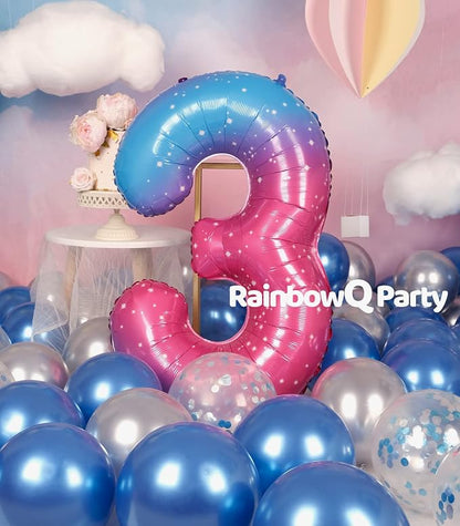 RainbowQ Blue Pink 3 Balloon Number 40 Inch Big 0-10 Foil Large Balloon | - Image 2