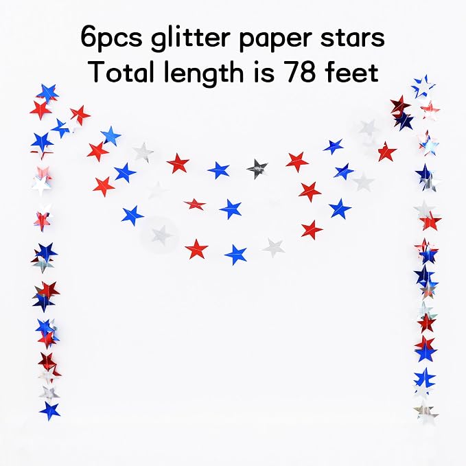 BEISHIDA Red Blue Silver Star Garland Decor Twinkle Star 250th Anniversary - Image 3