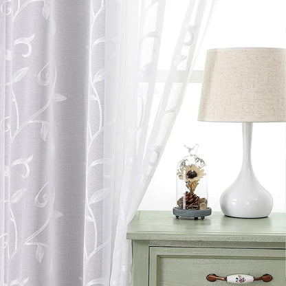 White Sheer Curtains Embroidered Leaves 2 Panels 54Wx120L | Light Filtering - Image 7