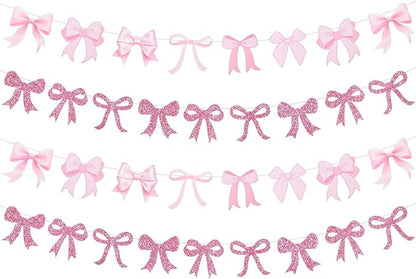 4pcs Glitter Pink Bow Garland Banner Pre-Strung Pink Bow Theme Party Backdrop by RICHHHA
