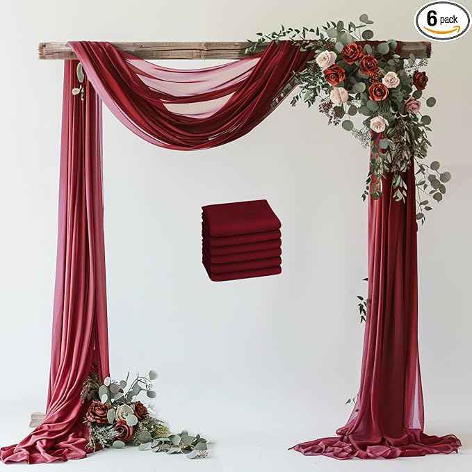 Wedding Arch Draping Fabric Backdrop Drapes 6 Panels, Burgundy | 28.7"x20FT by Wokceer