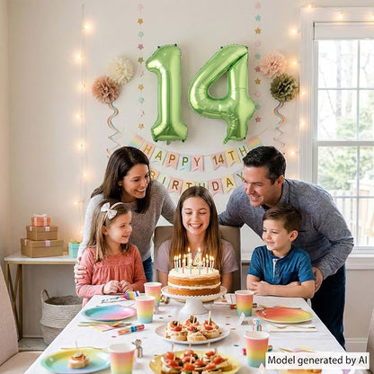 Shiny Metallic Light Green Foil Finish Number 14 Balloon, Botanical Themed - Image 6