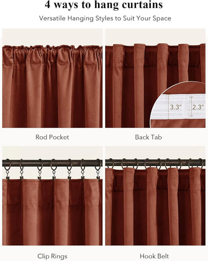 Rust Red Velvet Curtains for Christmas Decor, W52 x L108, 2 Panels | Back Tab - Image 2