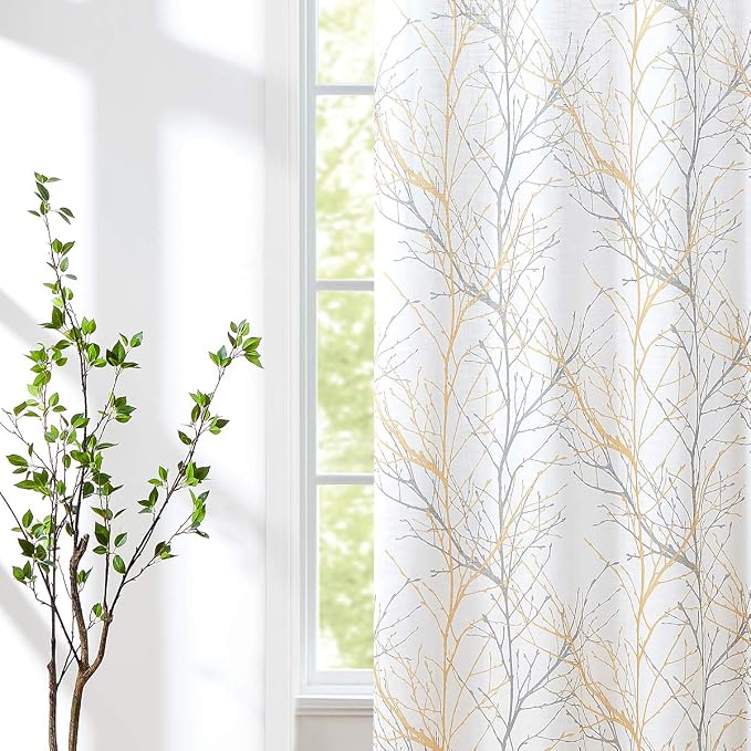FMFUNCTEX Linen Yellow Grey Semi Sheer Patio Curtains 96 Inch Long 1 Panel | - Image 7