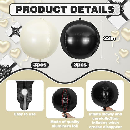 6Pcs Black Sand White Round Foil Balloons, Giant 4D Round Ball Balloon - Image 2