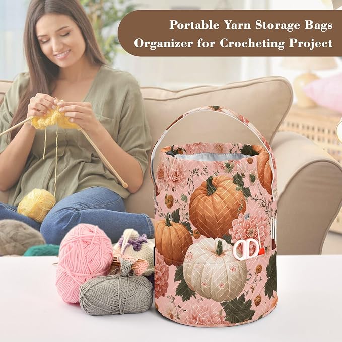 Halloween Pink Flowers and Pumpkins Yarn Bag Small Crochet Bag Drawstring Yarn - Image 4