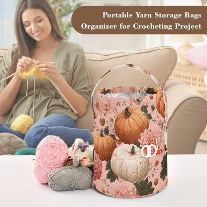 Halloween Pink Flowers and Pumpkins Yarn Bag Small Crochet Bag Drawstring Yarn - Image 4
