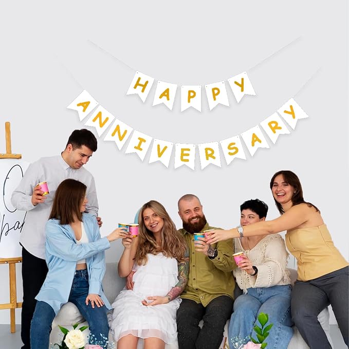 White Happy Anniversary Banner, Party Supplies - Image 5