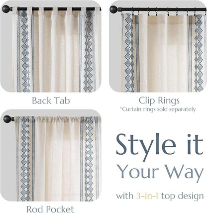 jinchan Floral Linen Curtains Embroidered Back Tab 50x63in 2 Panels Blue | - Image 6