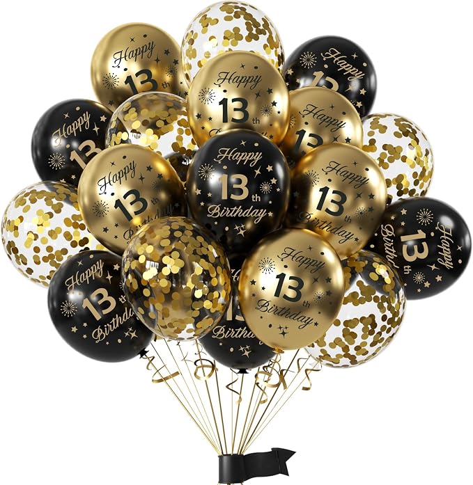 Black Gold 13th Birthday Balloons Pack of 15 Boys Girls Happy 13th Birthday by Hongplus