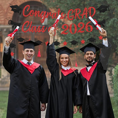 Glitter Red Graduation Decorations Banner, Congrats Grad Banner and Graduation - Image 4
