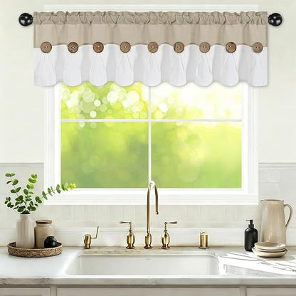 Farmhouse Valance Curtains, Boho Cotton Linen Kitchen Valance, Rustic Button by FRAMICS
