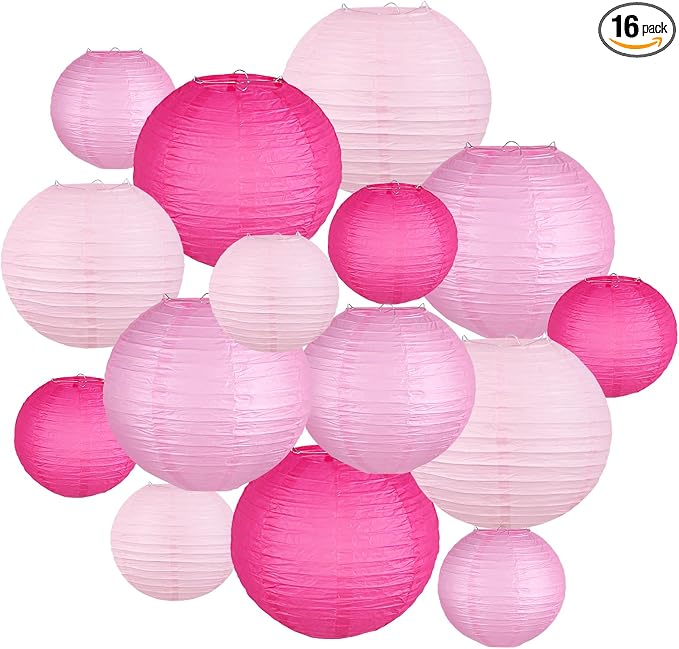 15-Pack Pink Paper Lanterns, Hanging Party Decorations | 6, 8 & 10 Inch Rose by KAXIXI