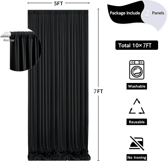 10 ft x 7 ft Wrinkle Free Black Backdrop Curtain - Image 5