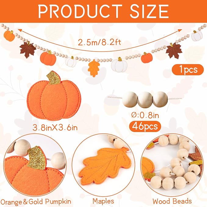 Fall Decorations for Home Felt Pumpkin Garland and Wood Bead Felt Pumpkins - Image 2